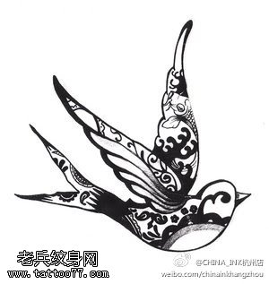 黑灰素描小燕子纹身手稿图片