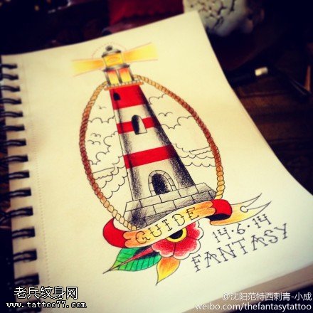 彩色灯塔纹身手稿图案