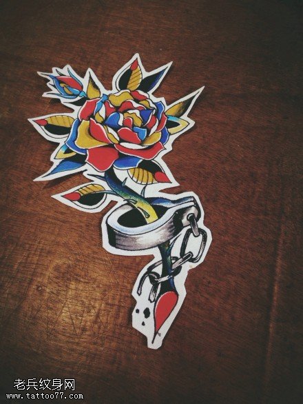 彩色个性玫瑰花纹身手稿图片