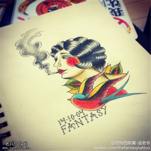 school彩色女郎燕子纹身手稿图案