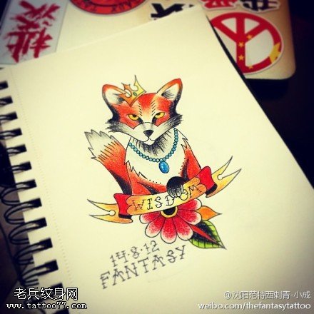 彩色小狐狸纹身手稿图案
