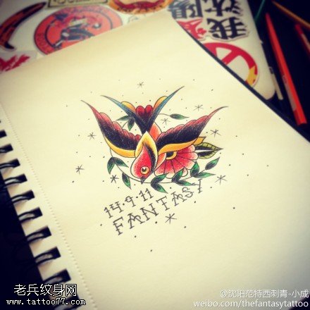 彩色燕子纹身手稿图案