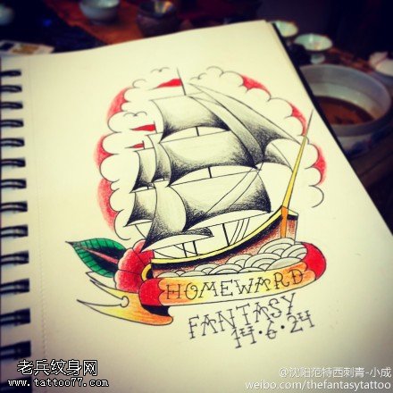 帆船纹身手稿图片
