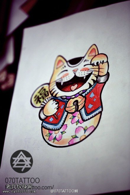 彩色个性招财猫纹身手稿图案