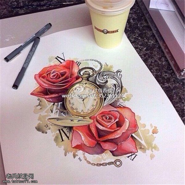 彩色玫瑰花时钟纹身手稿图片