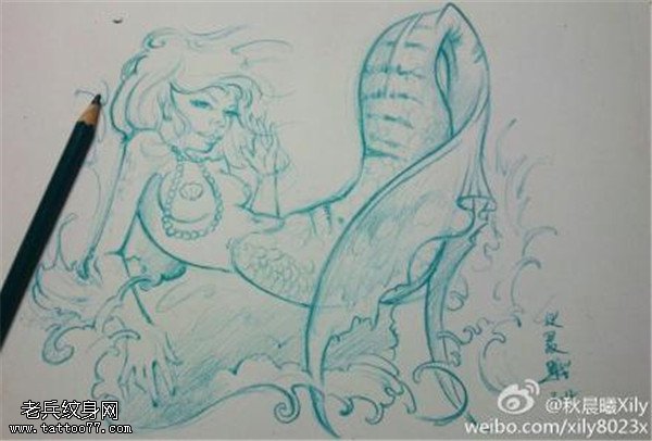 彩色美人鱼纹身手稿图片