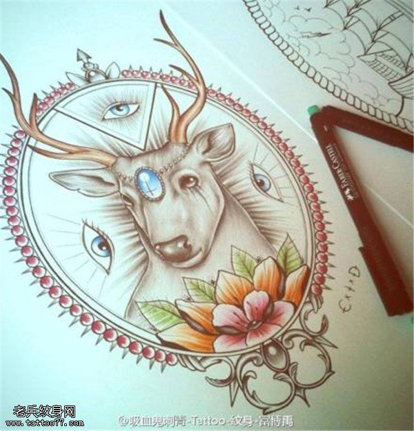 彩色上帝之眼玫瑰羚羊纹身手稿图案