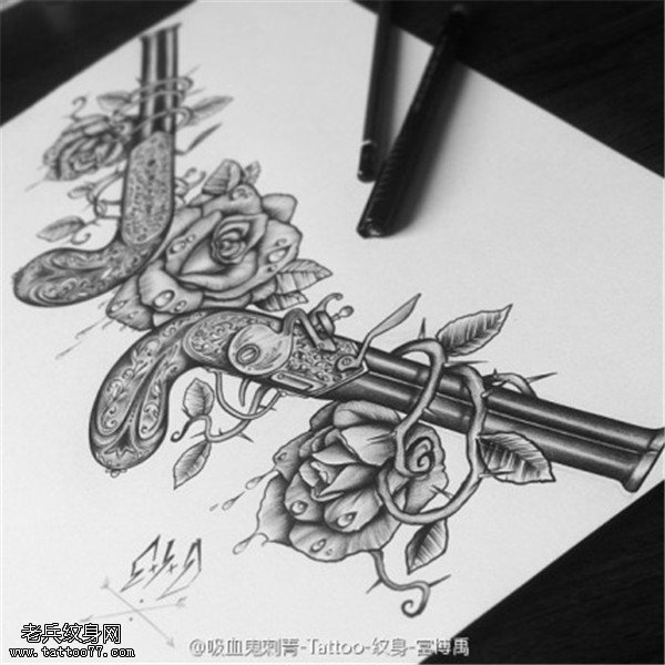 大V手枪玫瑰花纹身手稿图案