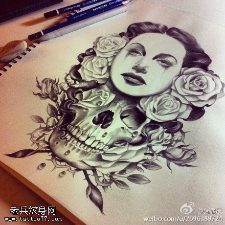黑灰素描女郎玫瑰花纹身手稿图案