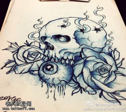 黑灰素描骷髅玫瑰花纹身手稿图片
