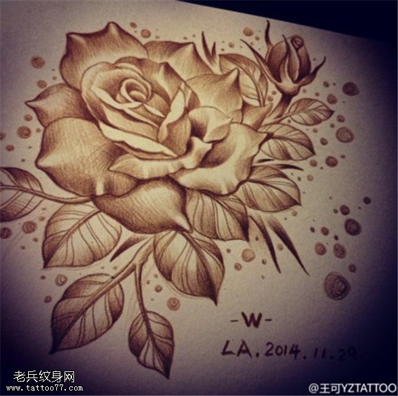 黑灰素描玫瑰花纹身图片