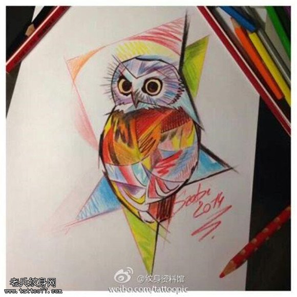 彩色猫头鹰纹身手稿图片