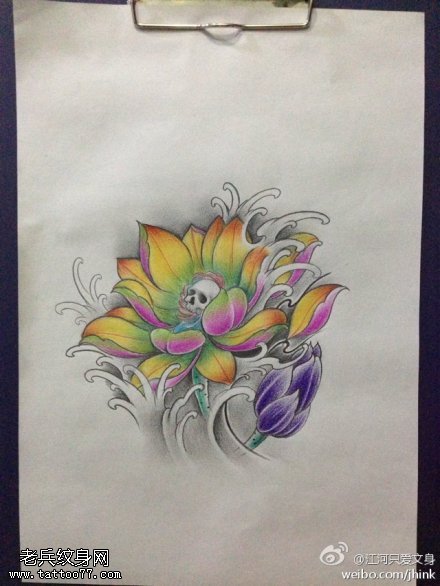 彩色传统莲花纹身手稿图案