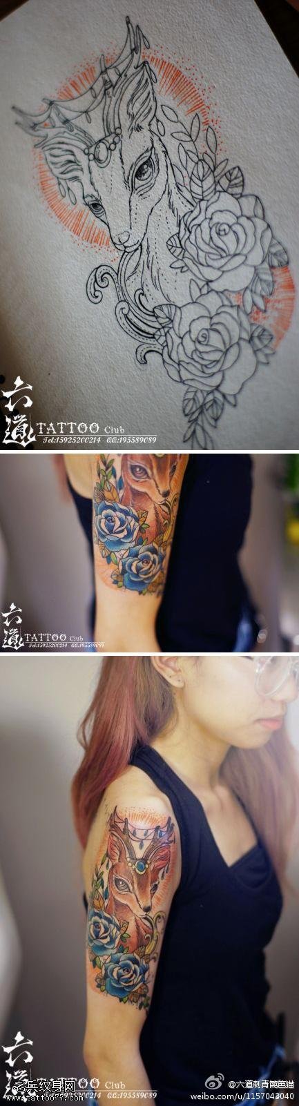 花朵缠绕迷你灵动小鹿纹身图案