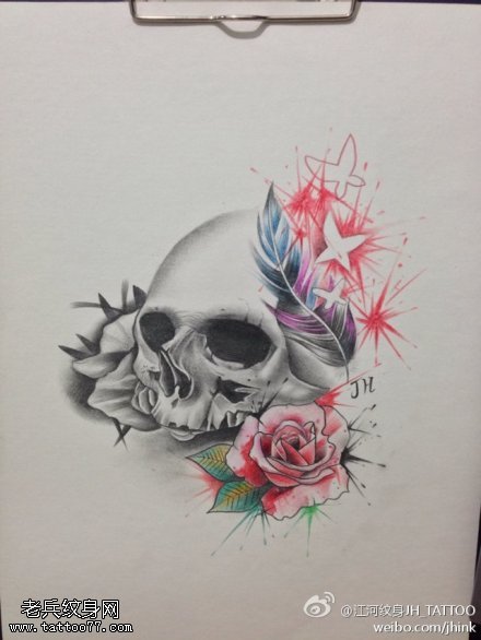 骷髅玫瑰花羽毛纹身手稿图片