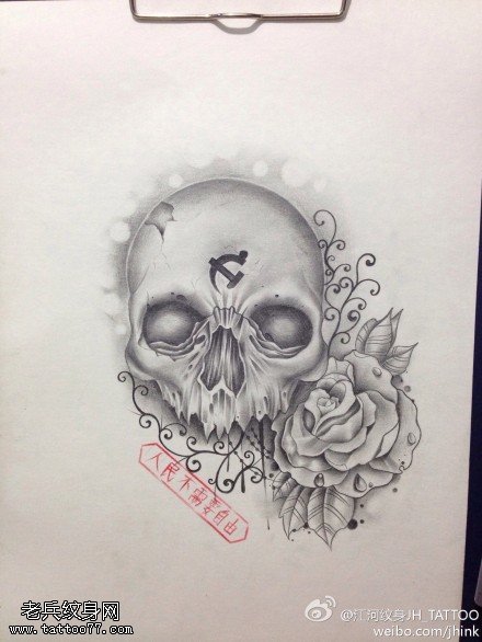 黑灰素描骷髅玫瑰纹身手稿 图片