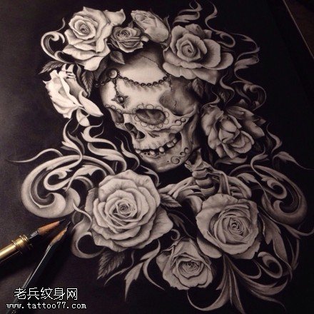 欧美黑灰骷髅头玫瑰花纹身手稿图片