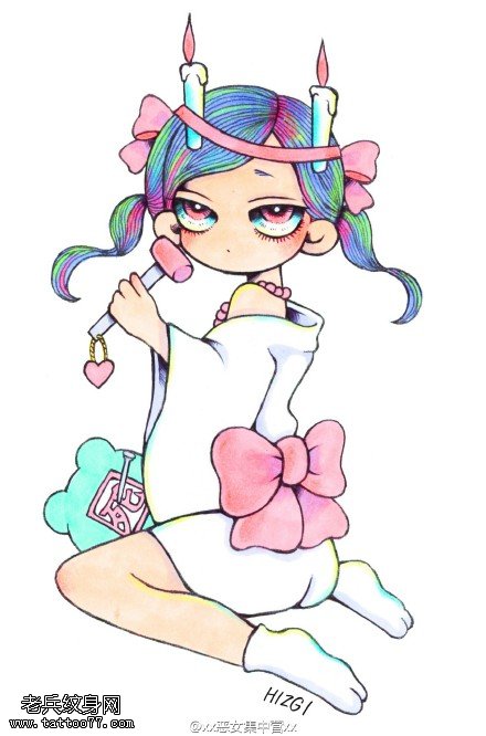 个性彩色卡通女娃纹身手稿图片