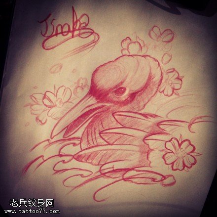 彩色天鹅纹身手稿图案
