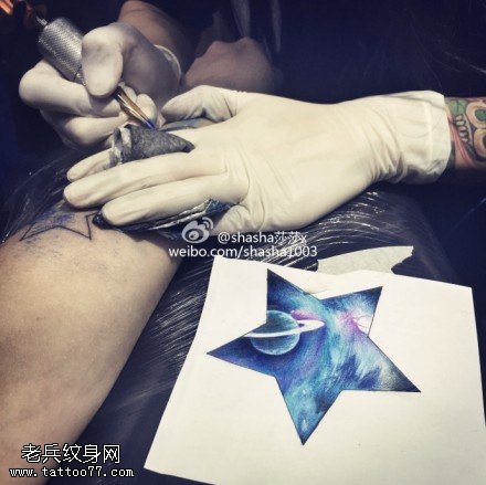 彩色星空五角星纹身手稿图案