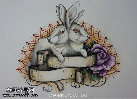 彩色双头兔子玫瑰纹身手稿图片