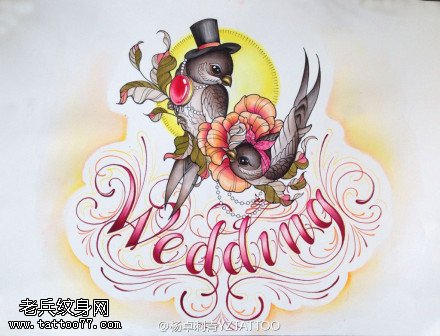彩色燕子字母纹身手稿图片