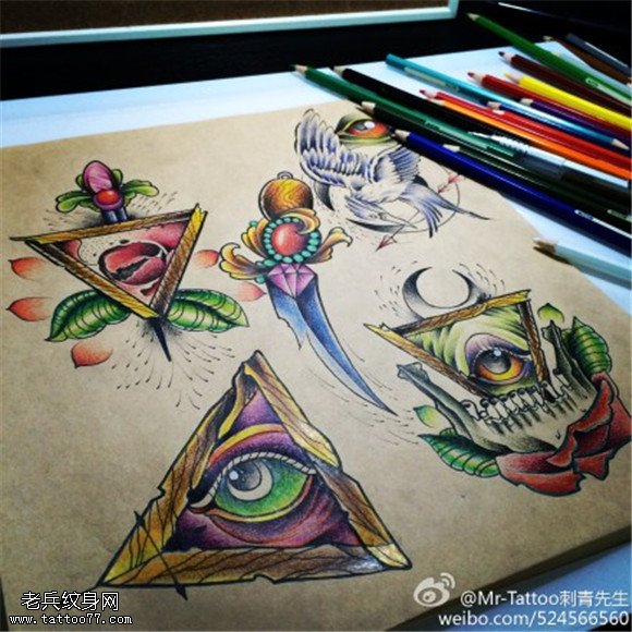 彩色上帝之眼匕首纹身手稿图片