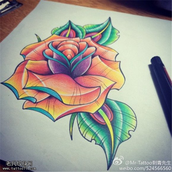 彩色school玫瑰花纹身手稿图片