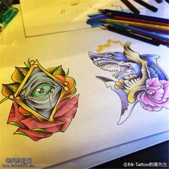 上帝之眼玫瑰花鲨鱼纹身手稿图片