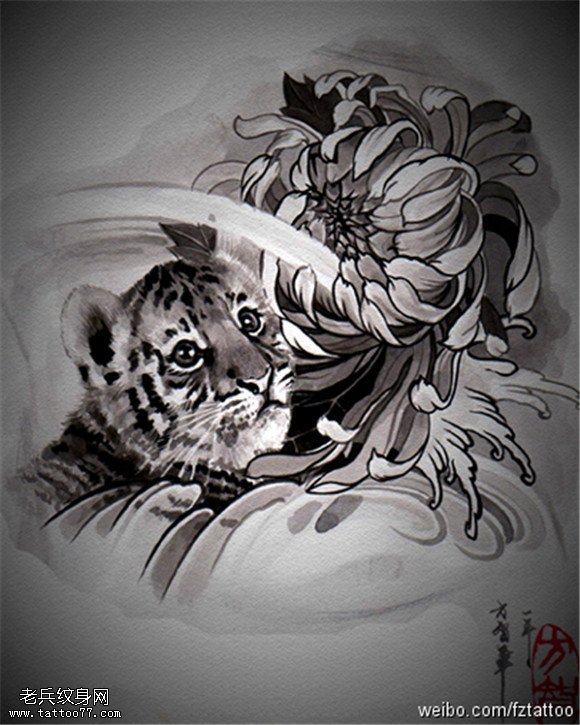 老虎菊花纹身手稿图片