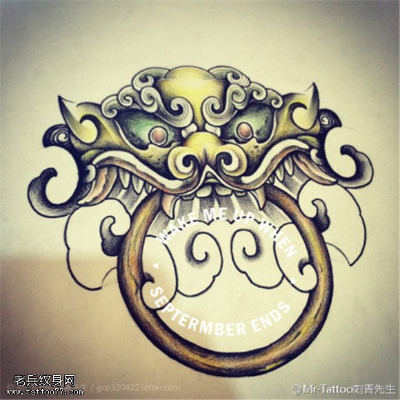 彩色个性唐狮纹身手稿图案