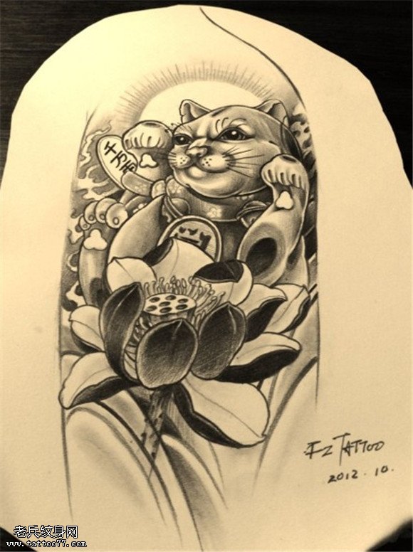 招财猫莲花纹身手稿图案