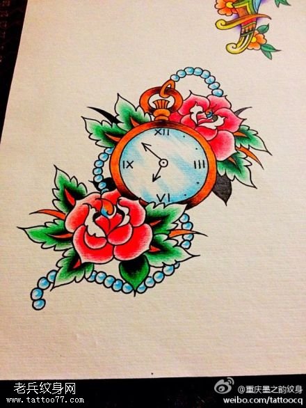 时钟玫瑰花纹身手稿图片