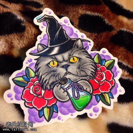 彩色猫咪玫瑰花纹身手稿图案