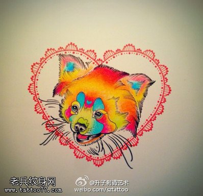 爱心彩色狐狸纹身手稿图案