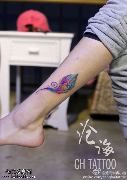 腿部彩色孔雀羽毛纹身图片