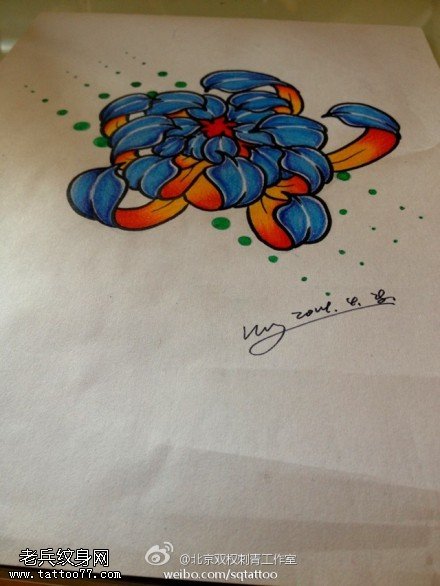 彩色菊花纹身手稿图片