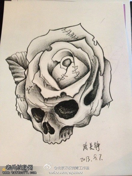 骷髅玫瑰花纹身手稿图片