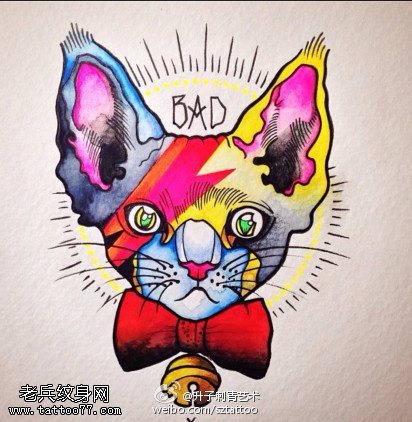 彩色卡通猫咪纹身手稿图片