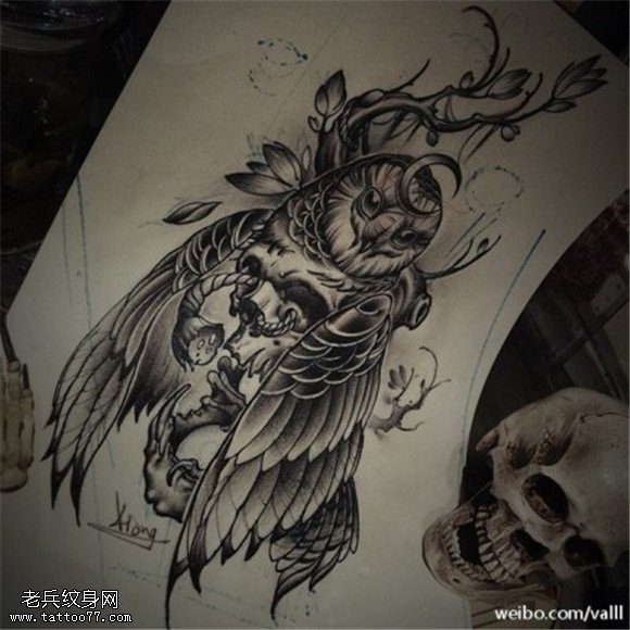 黑灰猫头鹰纹身手稿图片