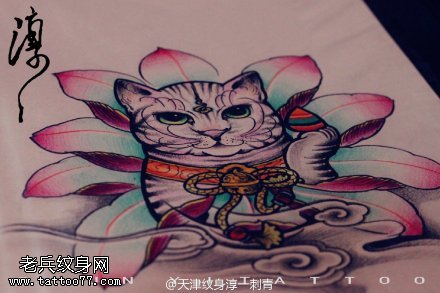 彩色莲花猫咪纹身手稿图片