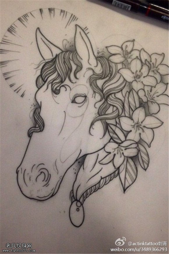 马玫瑰花纹身手稿图案