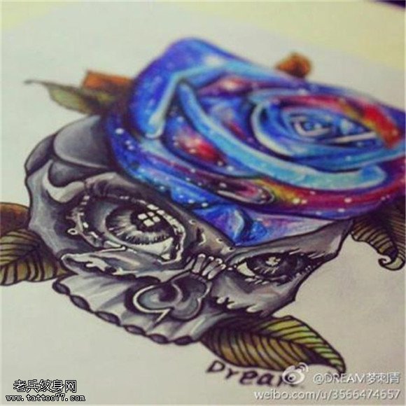 彩色玫瑰花骷髅纹身手稿图片