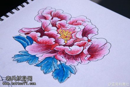 彩色牡丹花文身手稿图案