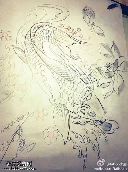 鲤鱼莲花线稿纹身图案