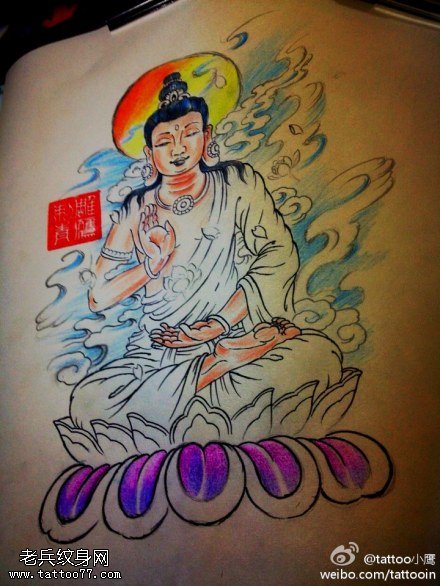 彩色满背佛纹身图案
