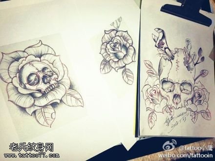 玫瑰花骷髅纹身手稿图片