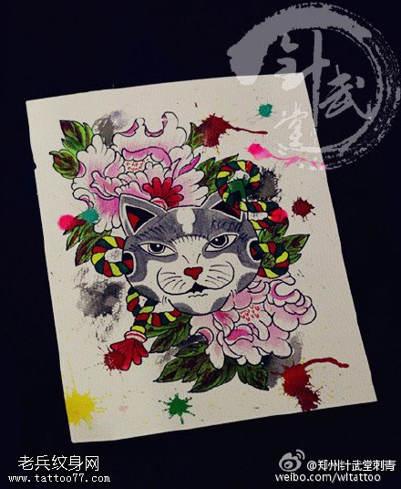 彩色猫咪牡丹纹身图案