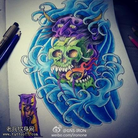 彩色个性般若骷髅纹身手稿图案
