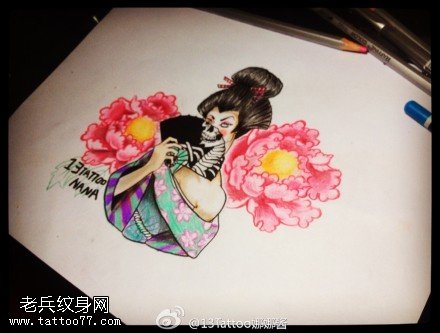 彩色艺妓牡丹纹身手稿图案